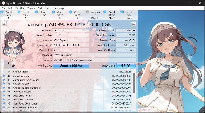 ⭐️ #软件 #工具 #开源👁 CrystalDiskInfo - 硬盘信息状况查看工具▎软件平台：#Windows▎软件介绍：一款硬盘健康监测工具，能够实时读取硬盘的 S.M.A.R.T. 信息，对机械硬盘和固态硬盘进行健康状态和温度监控