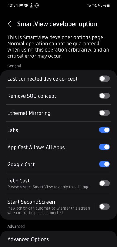 已成功在OneUI 6.0的手机上激活Smart View的开发者选项和电脑副屏Second Screen功能