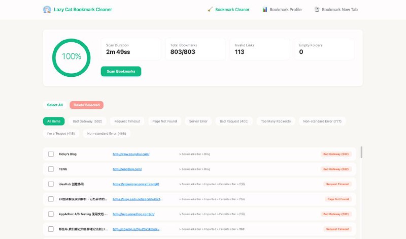 #插件 #工具 #开源🐱 懒猫书签清理 - 浏览器书签清理和整理助手▎插件平台：#Chrome #Edge▎插件介绍：一个开源的浏览器书签助手，它可以一键清理失效书签和空文件夹，生成个性化书签画像，完全本地运行，保护隐私安全