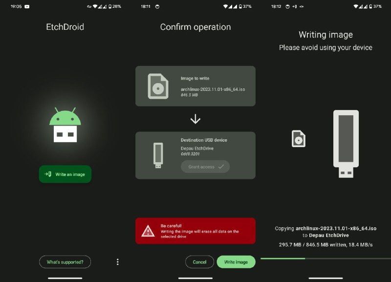#软件 #工具 #开源🤖 EtchDroid - 将操作系统 ISO 映像写入 USB 驱动器▎软件功能：安卓制作可启动 USB 驱动器▎软件平台：#Android▎软件介绍：一款开源工具，用于创建可启动的 USB 驱动器或将 ISO/IMG 镜像写入 USB