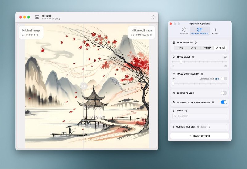 #软件 #图像 #开源🖼 HiPixel - AI 驱动 Mac 图像超分辨率工具▎软件平台：#macOS▎软件介绍：一款原生 macOS 应用，用于 AI 图像超分辨率处理，采用 Upscayl 的强大 AI 模型，支持多种图像格式和 GPU 加速