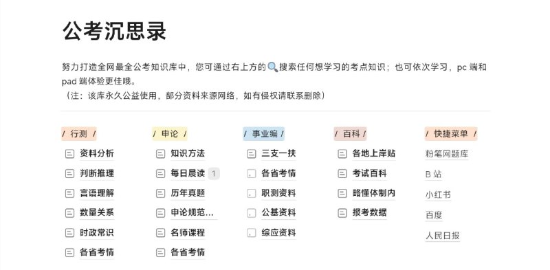 #网站 #资料📒 公考沉思录 - 一个正在努力打造全网最全的公考知识库▎网站功能：考公资料▎网站介绍：一个使用 wolai 编写的公考资料知识库，支持右上角进行全局搜索