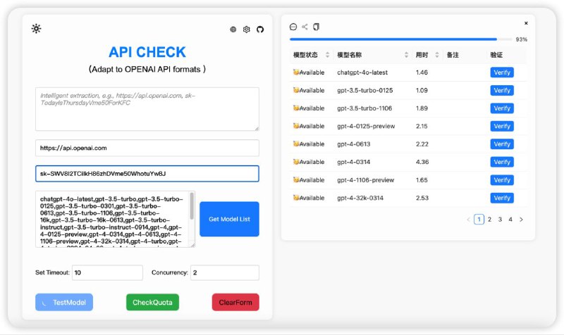 #GitHub #API #工具🔗 API CHECK - 开源纯前端 API 检测工具▎项目功能：API 检测▎项目介绍：一个纯前端的 API 检测工具，用于检测和验证基于 OpenAI 接口的 API 服务