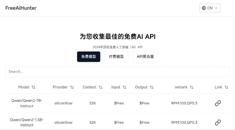 #网站 #列表 #AI #API🔑 FreeAiHunter - 收集最佳的免费 AI API▎网站功能：AI API 列表▎网站介绍：一个致力收集和提供关于免费 AI API 全面信息的平台，同时也提供付费选项