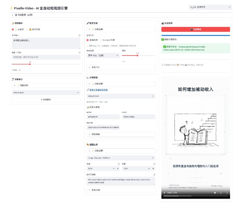 ⭐️ #软件 #工具 #AI🎵 Pixelle-Video - AI 全自动短视频创作引擎▎软件平台：#Windows▎软件介绍：一个 AI 自动化短视频生成项目，目标是把一个主题直接转化为一条完整视频，提供模板化视频风格和比例配置，支持多种大语言模型、图像生成模型和 TTS