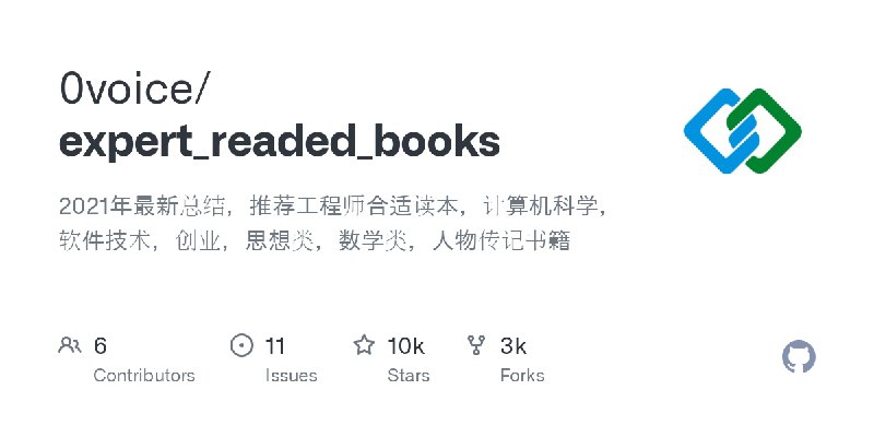 #GITHUB #电子书📚 expert_readed_books - 工程师高质量书单推荐▎项目介绍：一份面向工程师的高质量书单推荐，涵盖以下 12 大类别：计算机科学、软件技术、软件工程、创业、哲学、大佬书籍、历史、思想、数学、经济、小说、人物传记