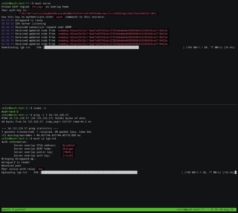#软件 #工具 #开源🫤 wush - 基于 WireGuard 的点对点文件传输工具▎软件功能：文件传输▎软件平台：#Windows #macOS #Linux▎软件介绍：一个基于 WireGuard 的命令行工具，用于在不同设备之间快速、安全地传输文件和打开远程 shell 会话