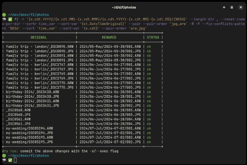 #软件 #工具 #开源🖋 F2 - 跨平台文件和目录批量重命名工具▎软件平台：#Windows #macOS #Linux▎软件介绍：一个命令行批量重命名工具，支持在文件重命名前进行预览，避免误操作，具备冲突检测、撤销操作、变量替换等功能