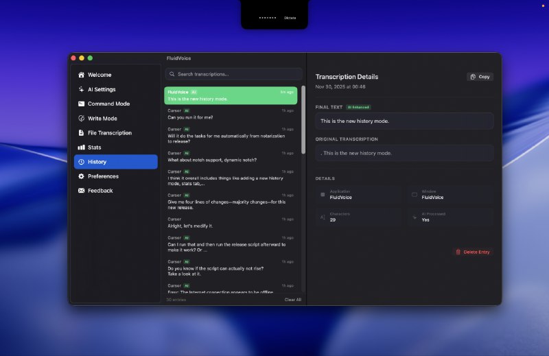 ⭐️ #软件 #工具🗣 FluidVoice - macOS 语音转文字应用▎软件平台：#macOS▎软件介绍：一款本地化 macOS 实时语音转文字工具，支持一键热键听写、自动语言检测，并将转录结果直接输入到任意应用