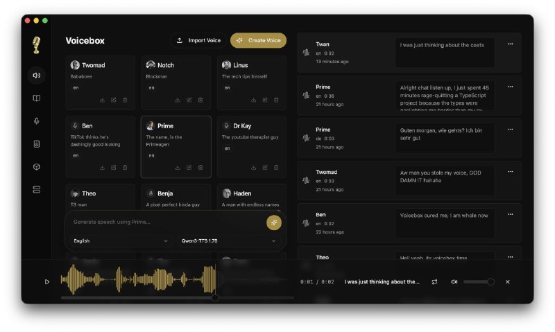 ⭐️ #软件 #工具🎙 Voicebox - 本地化语音合成和声音克隆工具▎软件平台：#Windows #macOS #Linux▎软件介绍：一款开源本地语音合成与声音克隆工具，支持快速克隆音色、多语言文本转语音、长文本生成及语音转文字