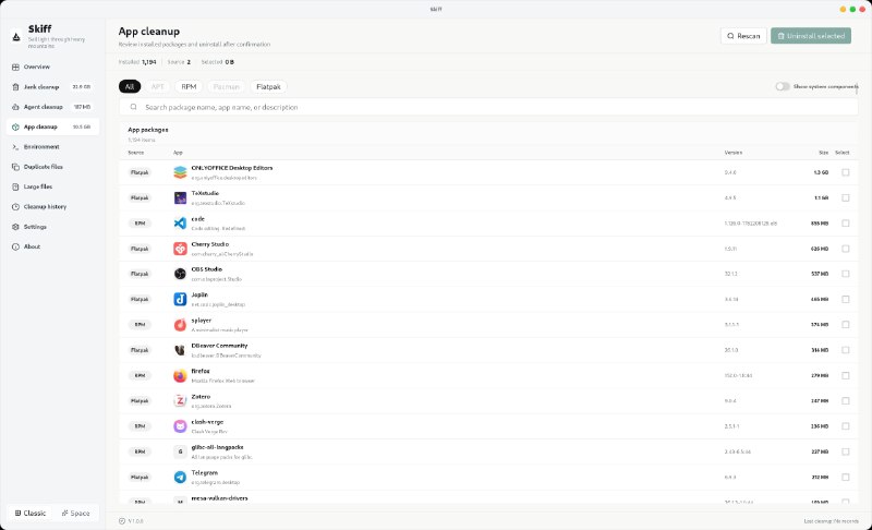 ⭐️ #软件 #工具🗑 Skiff - 跨平台本地磁盘清理工具▎软件平台：#Windows #macOS #Linux▎软件介绍：一款磁盘清理工具，能够扫描系统缓存、检索大文件与重复文件，提供软件卸载、环境变量可视化管理，搭载本地空间 AI 分析