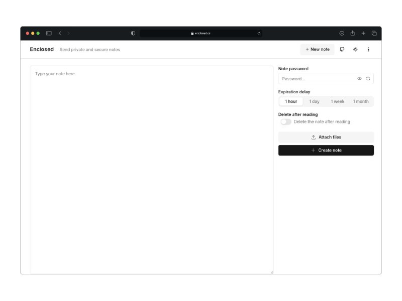 #GitHub #工具📁 Enclosed - 发送端到端加密笔记和文件▎项目功能：发送笔记和文件▎项目介绍：一个极简的网页应用，专为发送私密和安全的笔记和文件而设计，使用端到端加密，确保内容的隐私安全