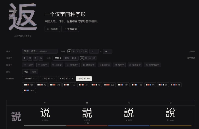 汉智: 面向中日韩多地区汉字字形对照与检索的知识工具• 基于 Source Han Sans / Serif 的区域 CMap 数据，支持中国大陆、台湾、香港、日本、韩国五地字形差异判定与对照查看• 整合 OpenCC、Unihan 与标准字表数据，提供简繁转换、异体对应、读音信息与地区字频参考• 接入 AnimCJK 笔顺数据，支持中、台、日、韩字形的笔顺动画与笔画数查询，适合语言学习、字体研究和文本处理场景