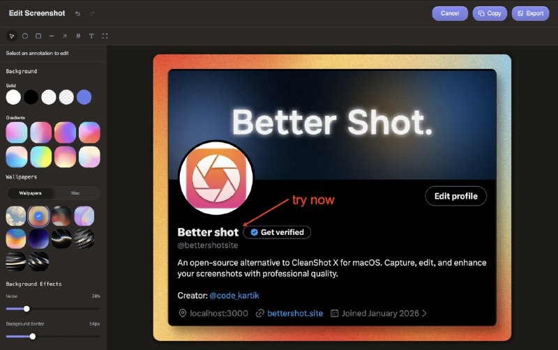 ⭐️ #软件 #工具✂️ Better Shot - macOS 轻量级截图工具▎软件平台：#macOS▎软件介绍：一款截图工具，支持区域截图、窗口截图和全屏截图，并在截图后直接进入编辑流程，可进行标注、添加文字与形状、模糊敏感信息、调整背景与阴影效果