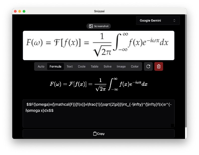 ⭐️ #软件 #工具 #开源🖼 Snippai - AI 加持的强大智能截图工具▎软件平台：#Windows #macOS #Linux▎软件介绍：一款基于 AI 技术的智能截图工具，能够自动识别截图中的文字、公式、表格和代码，并将其转换为可编辑的文本格式