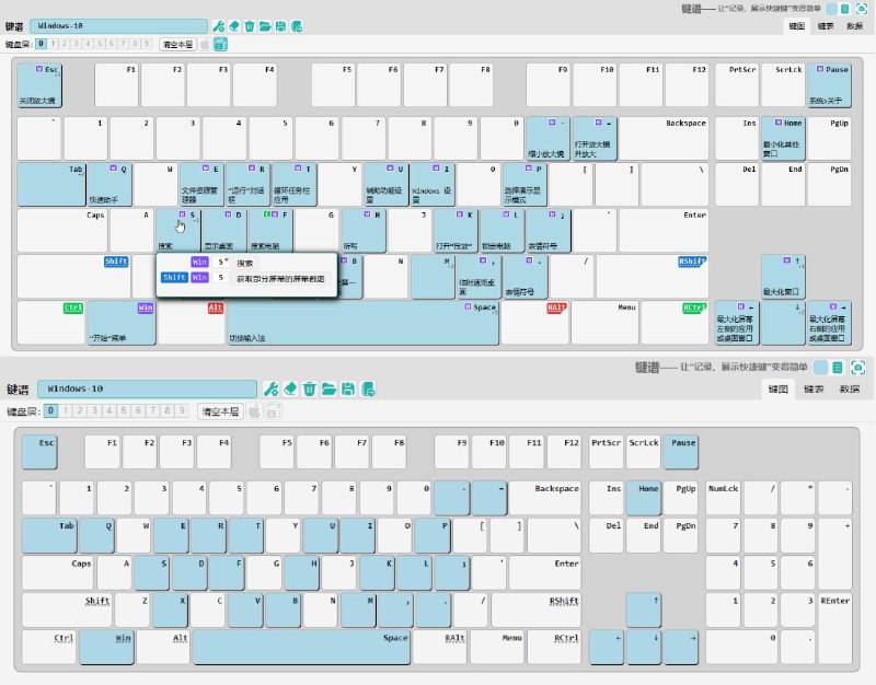 #软件 #工具 #开源⌨ 键谱 - 记录展示软件快捷键本机网页应用▎软件平台：#Windows▎软件介绍：一款用于记录和展示软件快捷键的本地网页应用，提供图形化界面、多种展示模式、便捷录入、多配置支持、键盘层支持、丰富的自定义选项等功能，所有数据均存储在浏览器本地，保障数据安全
