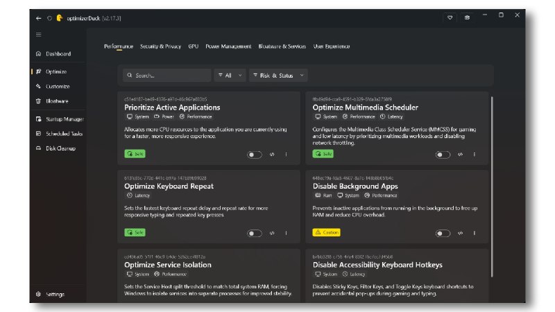 ⭐️ #软件 #工具😥 optimizerDuck - Windows 系统优化工具▎软件平台：#Windows▎软件介绍：一款 Windows 系统优化工具，无需安装，面向游戏玩家与普通用户，涵盖性能、显卡、电源、隐私、预装软件清理等多类调优功能