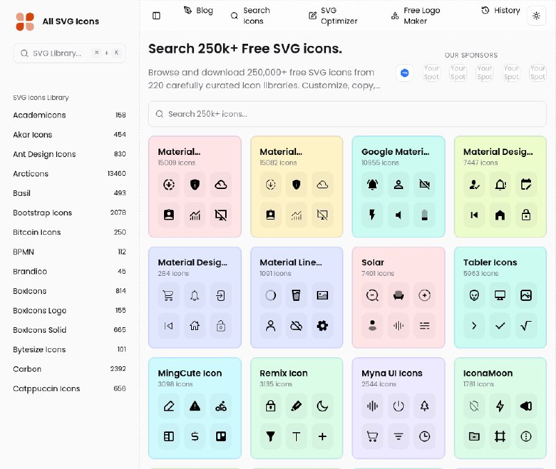 ⭐️ #网站 #素材📱 AII SVG Icons - 开源 SVG 图标资源库▎网站介绍：一个综合在线 SVG 图标聚合与搜索平台，整合了来自 220 多个开源图标库、超过 25 万个 SVG 图标资源