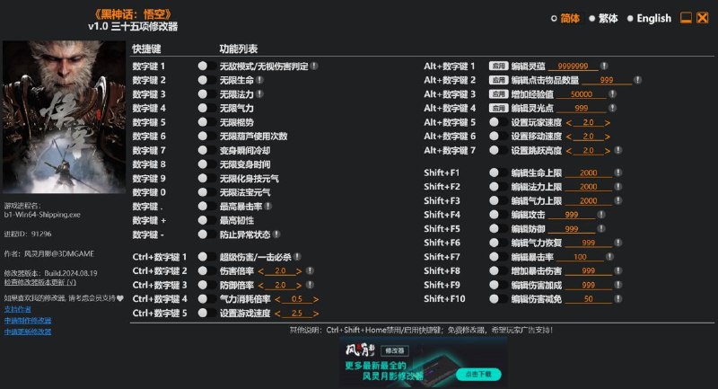 《黑神话：悟空》v1.0 三十五项修改器黑神话悟空风灵月影修改器功能：数字键 1 - 无敌模式/无视伤害判定数字键 2 - 无限生命数字键 3 - 无限法力数字键 4 - 无限气力数字键 5 - 无限棍势数字键 6 - 无限葫芦使用次数数字键 7 - 变身瞬间冷却数字键 8 - 无限变身时间数字键 9 - 无限化身技元气数字键 0 - 无限法宝元气数字键 . - 最高暴击率数字键 + - 最高韧性数字键 - - 防止异常状态Ctrl+数字键 1 - 超级伤害/一招致命Ctrl+数字键 2 - 伤害倍率Ctrl+数字键 3 - 防御倍率Ctrl+数字键 4 - 气力消耗倍率Ctrl+数字键 5 - 设置游戏速度Alt+数字键 1 - 编辑灵蕴Alt+数字键 2 - 编辑点击物品数量Alt+数字键 3 - 增加经验值Alt+数字键 4 - 编辑灵光点Alt+数字键 5 - 设置玩家速度Alt+数字键 6 - 设置移动速度Alt+数字键 7 - 设置跳跃高度Shift+F1 - 编辑生命上限Shift+F2 - 编辑法力上限Shift+F3 - 编辑气力上限Shift+F4 - 编辑攻击Shift+F5 - 编辑防御Shift+F6 - 编辑气力恢复Shift+F7 - 编辑暴击率Shift+F8 - 增加暴击伤害Shift+F9 - 编辑伤害加成Shift+F10 - 编辑伤害减免下载：3DM下载｜风灵月影官方下载