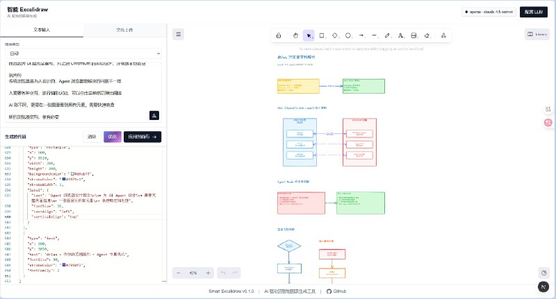 ⭐️ #GITHUB #工具📊 Smart Excalidraw - 基于 Excalidraw 的 AI 自然语言图表绘制生成工具▎项目介绍：一个开源工具，它可以利用 AI 将自然语言描述自动生成流程图、架构图、时序图、ER 图、思维导图等多种图表类型，只需输入文字即可快速得到可视化图表