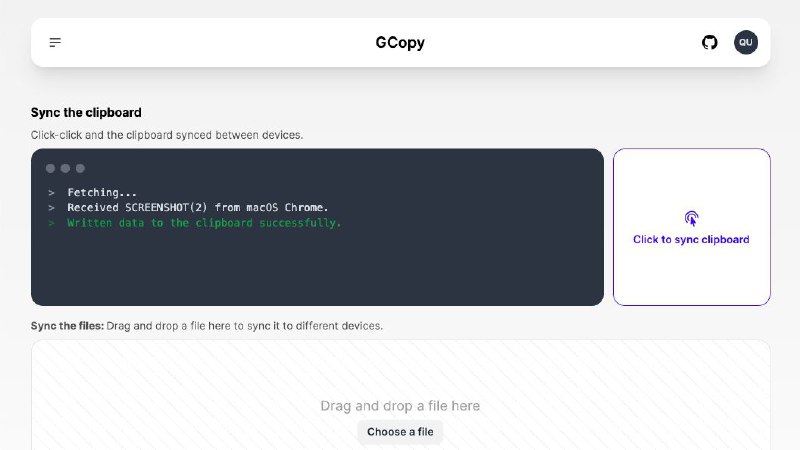 #网站 #工具 #传输 #开源✂️ GCopy - 一个支持文字、截图、文件的剪切板同步工具▎网站功能：剪切板同步▎网站介绍：一个使用 Golang 和 Nextjs 开发，完全开源的剪切板同步工具