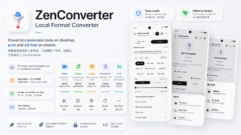 ⭐️ #软件 #工具📑 ZenConverter - 安卓本地文件转换工具🗂 软件平台：#Android🗂 软件介绍：一款本地文件转换工具，支持视频、音频、图片、PDF、Office 文档、字体、字幕等多种格式转换，并提供批量处理、任务队列