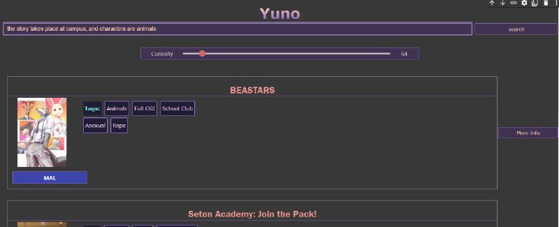#GitHub #动漫▎  Yuno动漫搜番神器，通过文字描述，快速检索可能匹配的动漫，并提供一些观众的评论