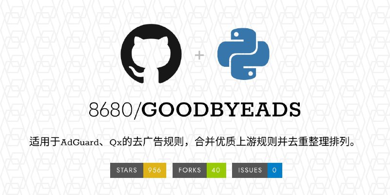 #GitHub #规则🛡 GOODBYEADS - 一个强力去广告的规则▎项目功能：去广告规则▎项目介绍：一个用于广告屏蔽的开源项目，专为 AdGuard 和 Quantumult X 等工具设计