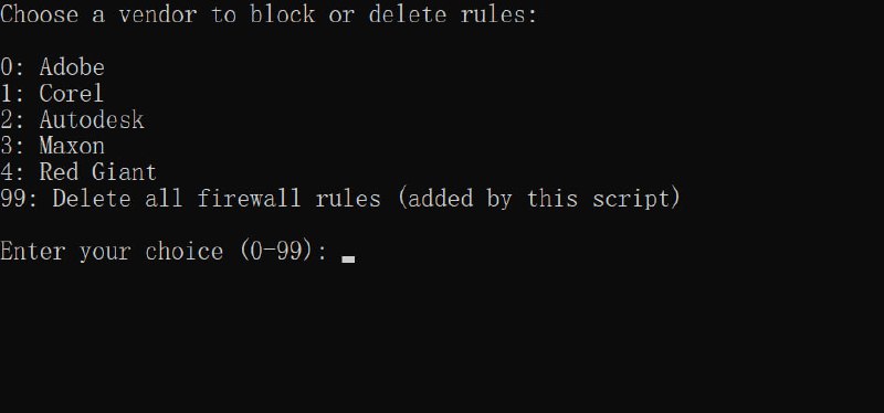 #Windows #脚本🔨 WinMasterBlocker - 一个 Windows 防火墙控制脚本该脚本可以阻止 Adobe、Corel、Autodesk、Maxon等联网，作用当然是解决软件激活后频繁联网导致失效的问题😏⚙ 使用下载「WinMasterBlocker.bat」，然后本地使用管理员权限打开，选择你要阻止联网的软件序号，按下回车即可