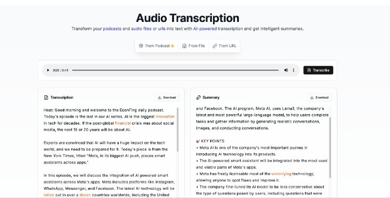 #GitHub #AI #工具🎙 Podcast Transcription - AI 播客转录工具▎项目介绍：一个基于 Next.js 和 OpenAI Whisper API 的播客转录应用，支持音频文件转录和智能摘要生成