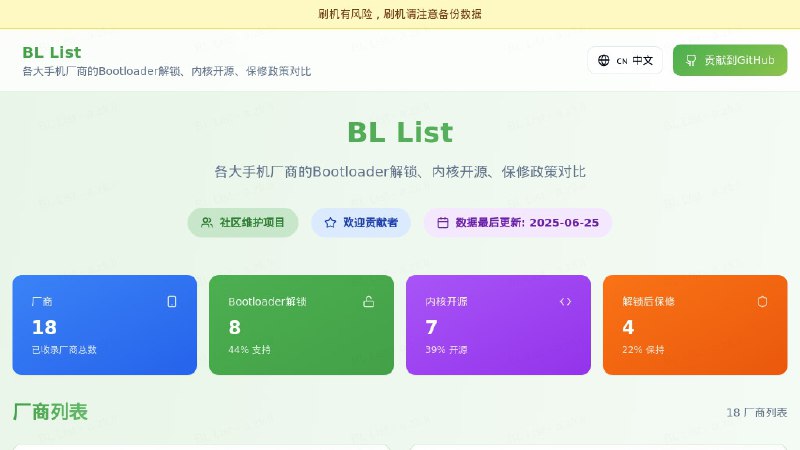 #网站 #刷机 #开源💰 BL List - 各大手机厂商的 Bootloader 解锁、内核开源、保修政策对比▎网站介绍：一个整理和对比安卓手机厂商解锁政策平台，它提供包括 BL 解锁状态、内核源码开源情况、解锁后是否保修等关键信息