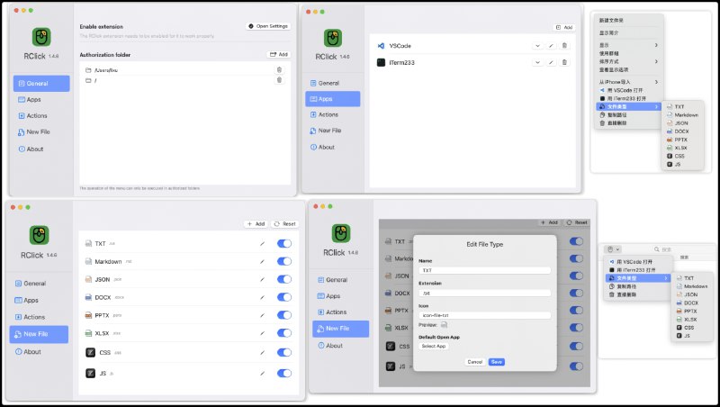⭐️ #软件 #工具 #开源😄 RClick - macOS Finder 右键菜单增强工具▎软件平台：#macOS▎软件介绍：一个 macOS 系统 Finder 右键菜单增强工具，允许用户在文件管理器中快速执行常见操作，提升文件操作效率与便捷性