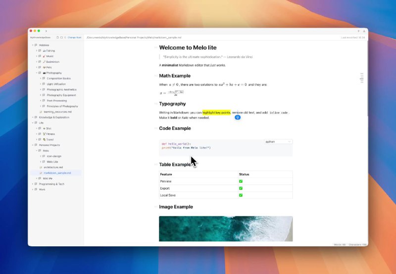 #软件 #笔记 #工具💳 Melo Lite - 本地 Markdown 笔记软件▎软件平台：#macOS▎软件介绍：一款免费 Markdown 笔记软件，主打简洁、高效和私密