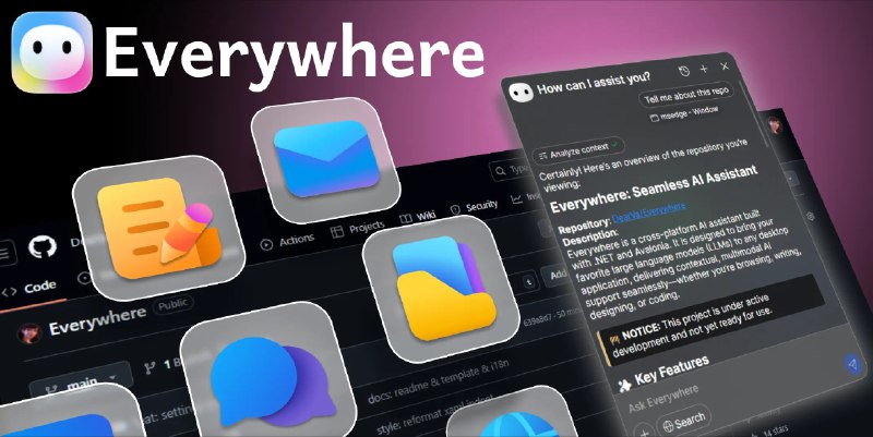 ⭐️ #软件 #工具 #开源 #AI🤖 Everywhere - 具备情境感知能力的交互式 AI 助手▎软件平台：#Windows▎软件介绍：一个上下文感知 AI 助手，能够在你电脑的任意位置快速唤出，无需切换应用或截图，就能自动识别并理解屏幕内容，支持一键提醒、网页摘要、即时翻译、邮件润色