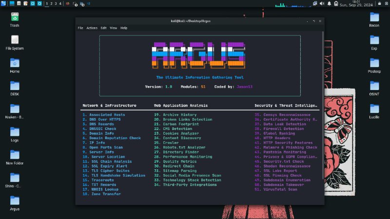 #GitHub #工具🗃️ Argus - 基于 Python 的信息收集工具包▎项目功能：信息收集▎项目介绍：一个多功能信息收集工具包，旨在简化信息收集和侦察过程