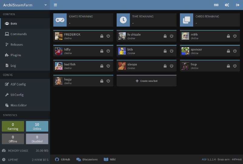 #软件 #辅助 #工具 #开源🌐 ArchiSteamFarm - 同时管理多个 Steam 账户并自动获取 Steam 集换式卡牌▎软件平台：#Windows #macOS #Linux▎软件介绍：一个开源工具，旨在帮助用户同时管理多个 Steam 账户，并通过模拟游戏运行自动获取 Steam 集换式卡牌