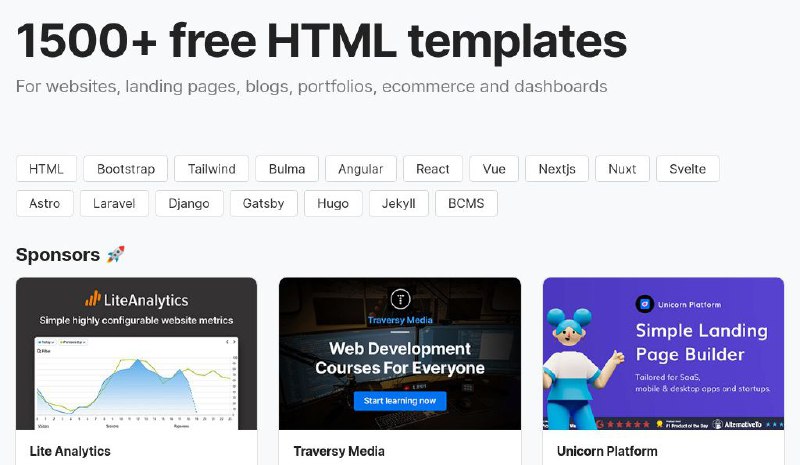#网站 #素材👩‍💻 HTMLrev - 精选的免费 HTML 模板下载▎网站功能：HTML 模板下载▎网站介绍：一个免费 HTML 模板下载网站，提供 1500+ 免费 HTML 模板下载，适用于网站、登录页面、博客、投资组合、电子商务和仪表板
