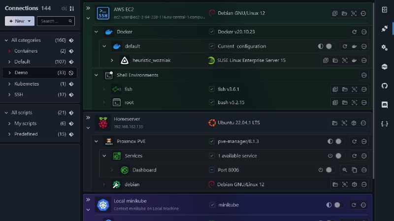 #软件 #工具 #开源🌌 XPipe - 从本地桌面访问管理所有服务器▎软件平台：#Windows #macOS #Linux▎软件介绍：一款 Shell 连接中心和远程文件管理器，支持多种连接类型，如 SSH、Docker、K8s，无需在远程系统进行设置
