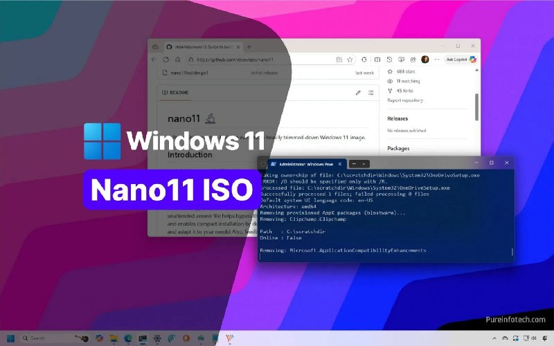 ⭐️ #GITHUB #工具🪟 nano11 - 一个非常极端的 Windows 11 精简镜像生成脚本▎项目介绍：一个 PowerShell 脚本，用来自动化构建极度精简的 Windows 11 ISO，但由于系统更新、驱动扩展与许多基础功能都被移除，不适合日常办公或生产环境