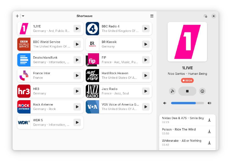 #软件 #播客 #开源📻 Shortwave - 现代化互联网广播播放器▎软件平台：#Linux▎软件介绍：一款互联网广播播放器，内置 50000+ 全球电台，支持创建收藏夹、后台播放、录音管理、识别和录制节目等功能
