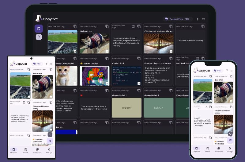 #软件 #工具 #开源🐱 CopyCat Clipboard - 跨平台剪切板管理工具▎软件功能：剪切板管理▎软件平台：#Windows #macOS #Android #iOS▎软件介绍：一款剪贴板管理工具，它能将用户复制的内容实时同步到所有设备上，提供无限剪贴板历史记录，并支持将内容分类整理到不同的收藏夹