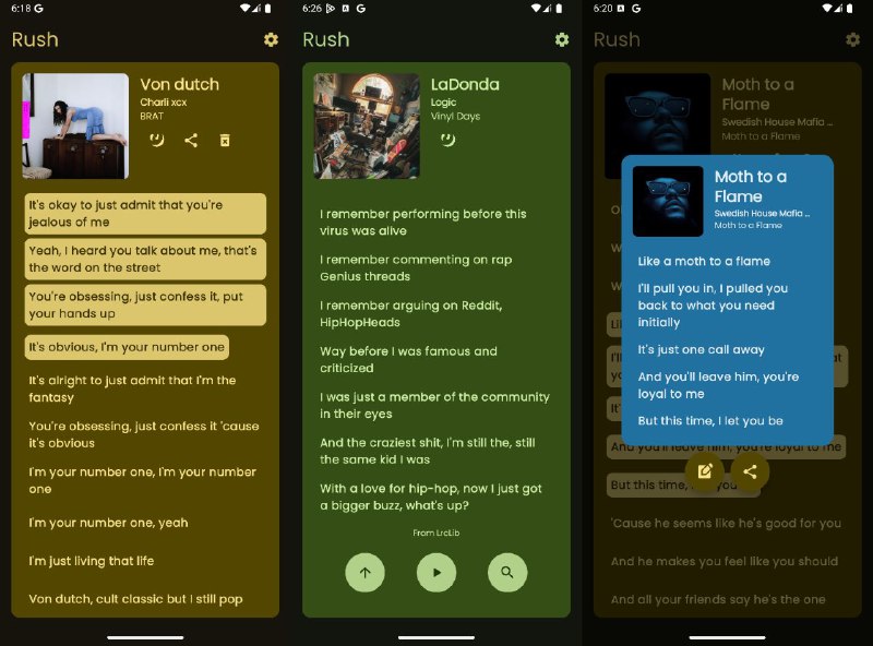 #软件 #歌词 #开源🎧 Rush - 开源歌词搜索、下载、分享工具▎软件功能：歌词搜索/下载/分享▎软件平台：#Android▎软件介绍：一款开源歌词应用，专为搜索、保存和分享歌曲歌词而设计，支持自动识别当前播放歌曲以快速搜索歌词，还提供与音乐同步显示歌词的功能