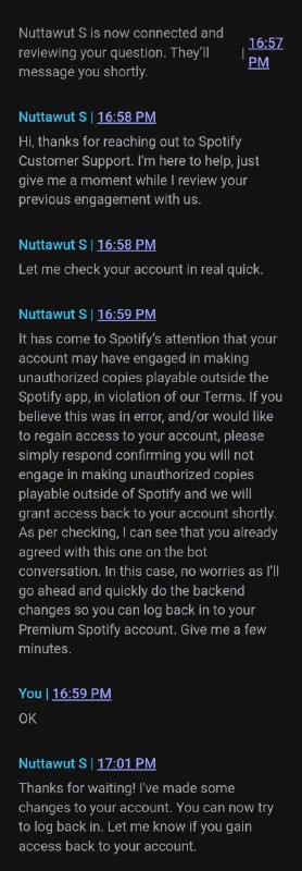 如果你还在通过Echo使用Spotify就需要注意了，这么做会导致账号被暂停使用，可见Spotify可以检测基于web API的第三方客户端，好在客服处理速度很快，基本上2分钟就能搞定，此外问询客服时还了解到即便订阅了Premium再使用这类客户端也无济于事，难以评价