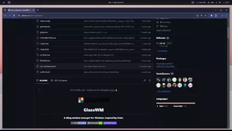 #软件 #工具 #开源💻 GlazeWM - Windows 平铺窗口管理器▎软件平台：#Windows▎软件介绍：一款专为 Windows 打造的平铺式窗口管理器，灵感来自 Linux 上的 i3wm，主打键盘驱动操作和高效窗口排列