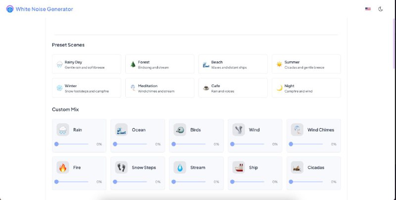 #网站 #白噪音🌦 White Noise Generator - 在线白噪音播放器▎网站功能：白噪音▎网站介绍：一个简单易用的在线白噪音生成器，旨在帮助用户提高专注力、放松心情，或者用作睡眠音效
