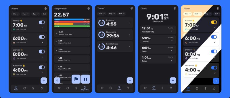 #软件 #工具 #开源⏰ Chrono - 时钟、闹钟、计时器和秒表应用▎软件平台：#Android▎软件介绍：一款现代化时间管理应用，集成闹钟、世界时钟、计时器和秒表四大模块