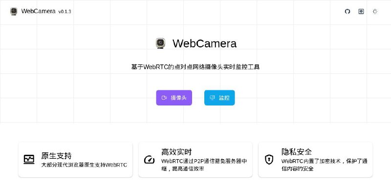 #GitHub #工具🔴 WebCamera - 点对点网络摄像头实时监控工具▎项目功能：摄像头监控▎项目介绍：是一个基于 WebRTC 技术的网络摄像头监控工具，使用 Nuxt.js 框架开发