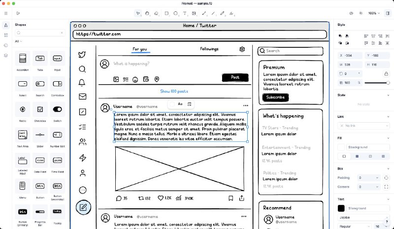 #软件 #工具 #设计📊 Frame0 - 免费手绘风格线框图绘制工具 ▎软件功能：线框图绘制▎软件平台：#Windows #macOS #Linux▎软件介绍：一个简洁高效的线框图绘制工具，采用手绘风格，帮助用户快速表达设计想法，避免过度追求细节