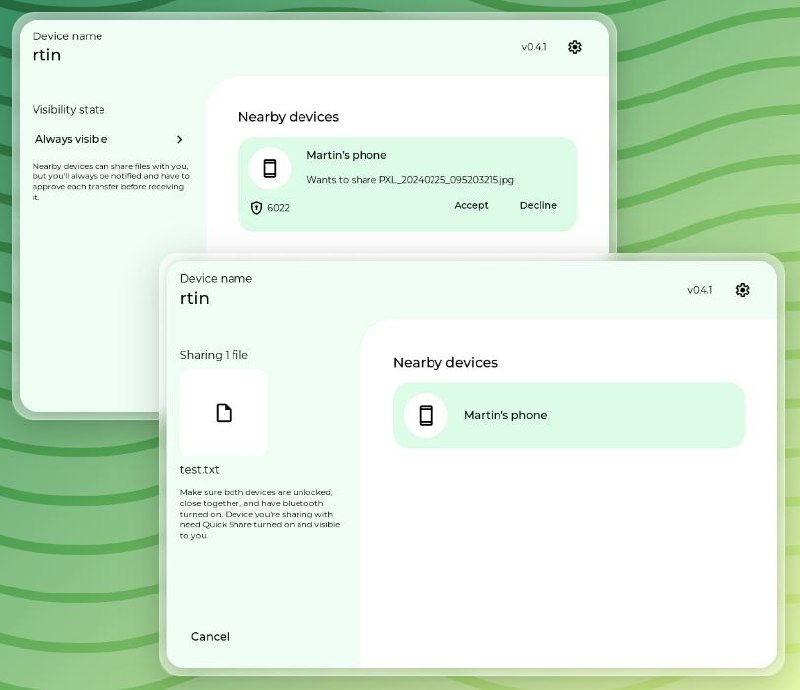 #软件 #传输 #开源📁 rquickshare - Linux/macOS 文件传输工具▎软件平台：#Linux #macOS ▎软件介绍：一个开源工具，它可以在 Linux 和 macOS 系统上与手机之间快速共享文件