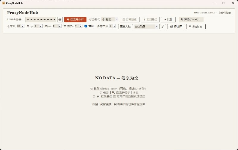⭐️ #软件 #工具🐱 ProxyNodeHub - GitHub 免费节点仓库监控与聚合工具🗂 软件平台：#Windows🗂 软件介绍：一款开源的免费代理节点搜索与聚合工具，主要用于自动发现 GitHub 上公开的代理节点仓库，分析仓库的更新频率、维护活跃度及订阅链接，将分散的节点资源集中整理